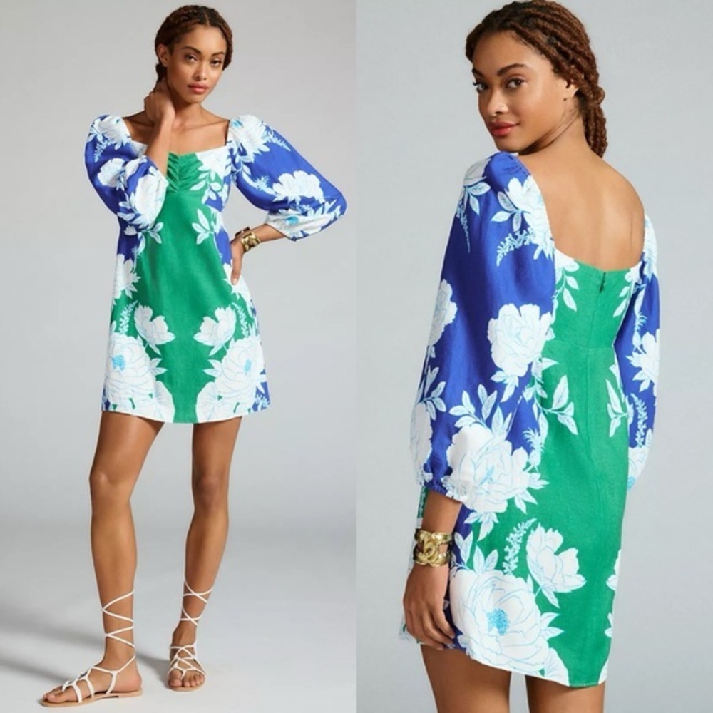 Floral Square-Neck Shift Dress in Green & Blue